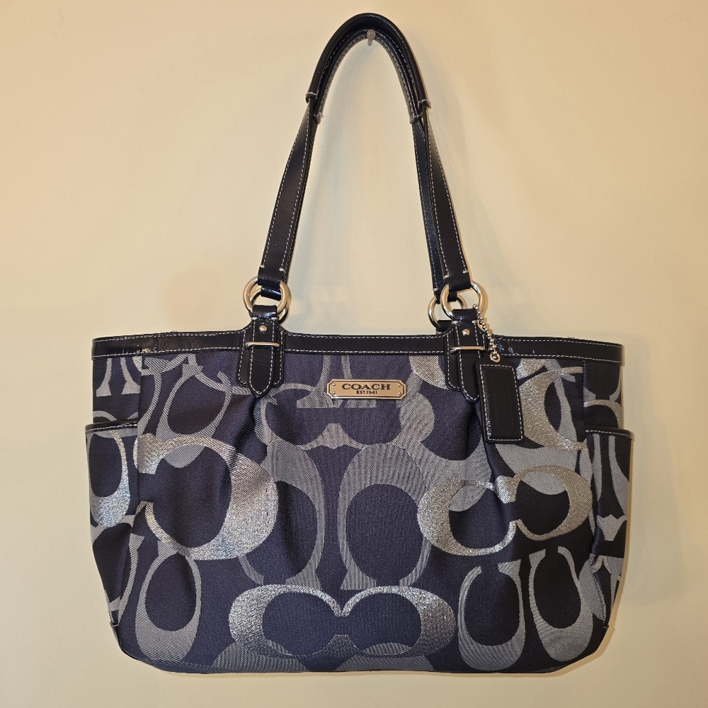 COACH F19664 Gallery Optic Sig Tote Shoulder Bag Navy Blue Jacquard Leather Trim - Picture 5 of 12